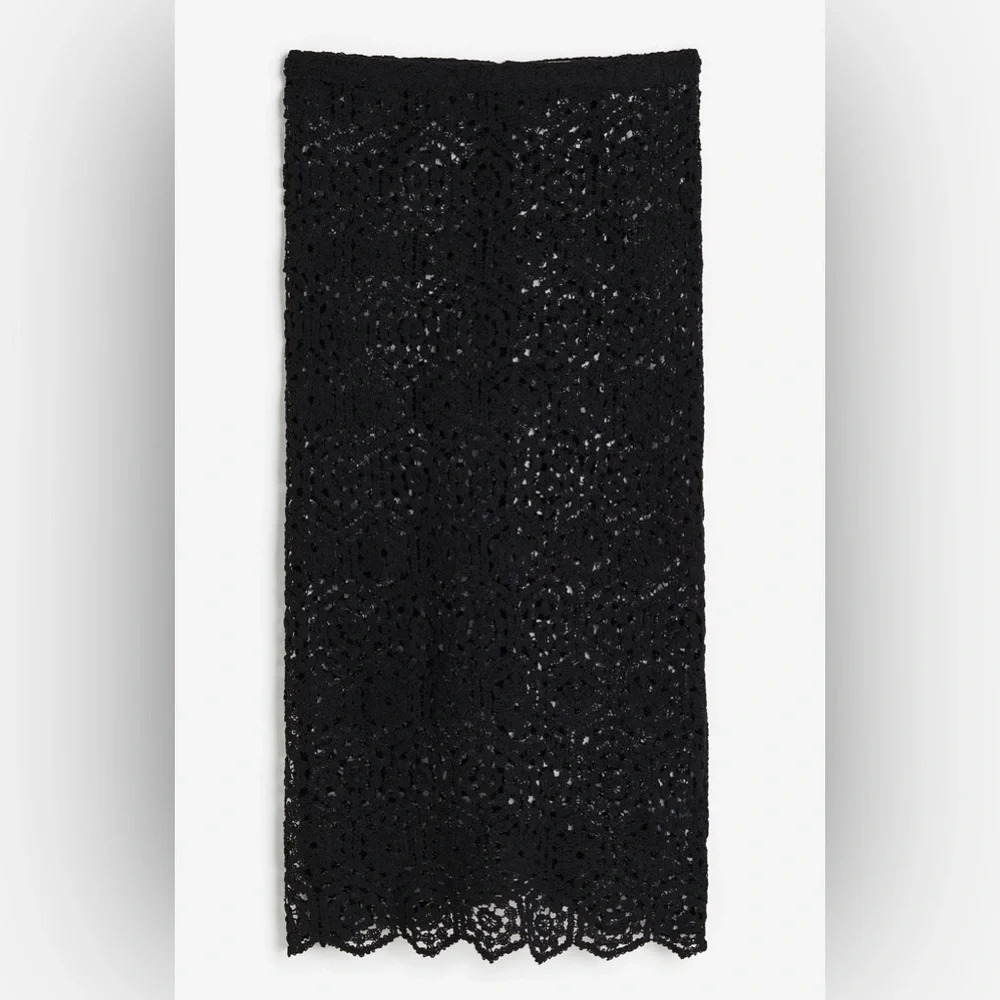 H&M Black Crochet Skirt Size 14 Long A-Line Cotton Blend Sheer Crochet Accent